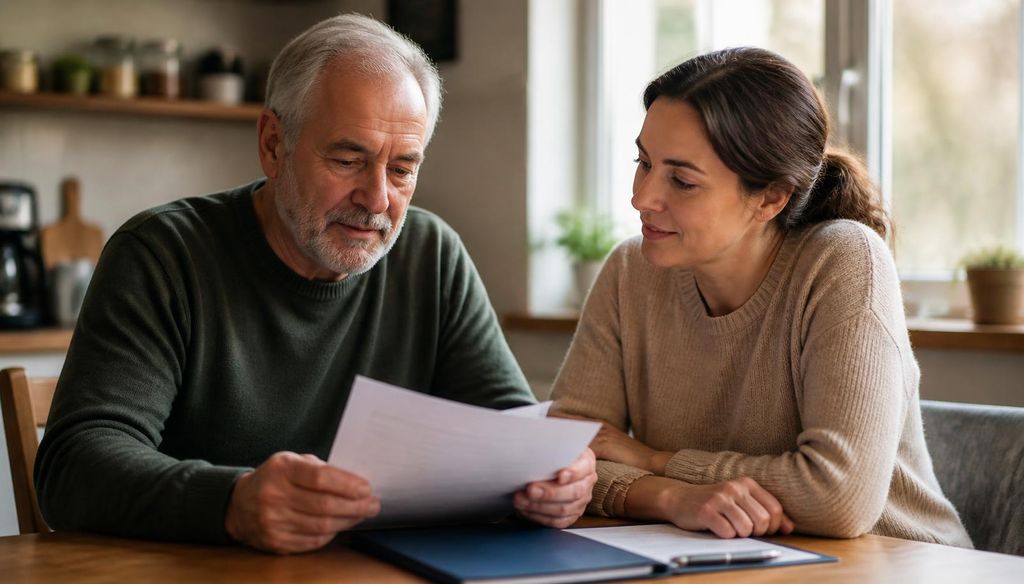 Veteran family reviewing CHAMPVA health coverage paperwork at home.