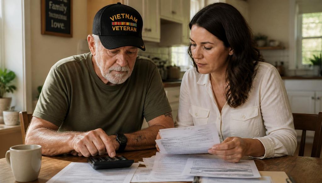 Veteran and family reviewing income calculations for VA Aid and Attendance eligibility.