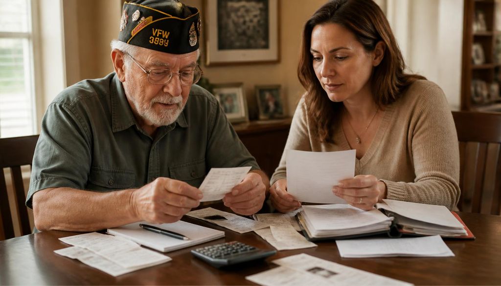 Veteran and family organizing financial documentation for a VA Aid and Attendance claim.