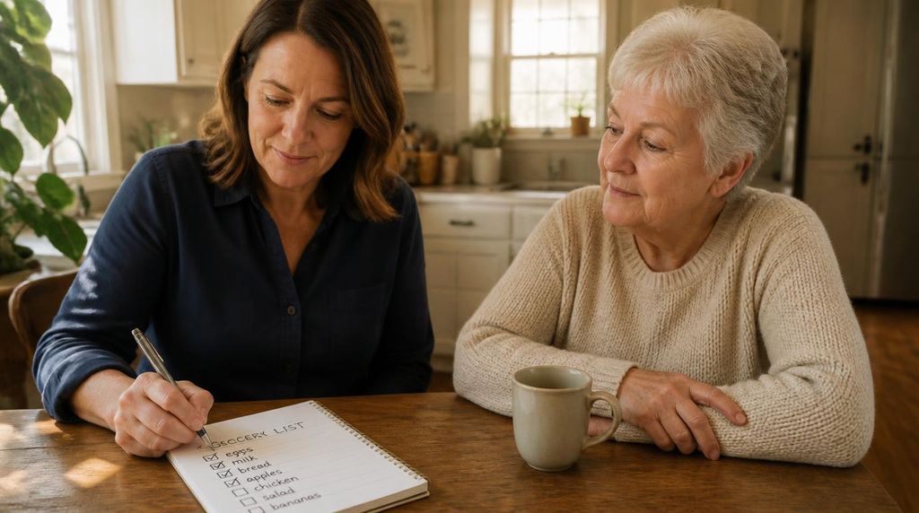 Family member using a checklist to track early dementia symptoms at home.