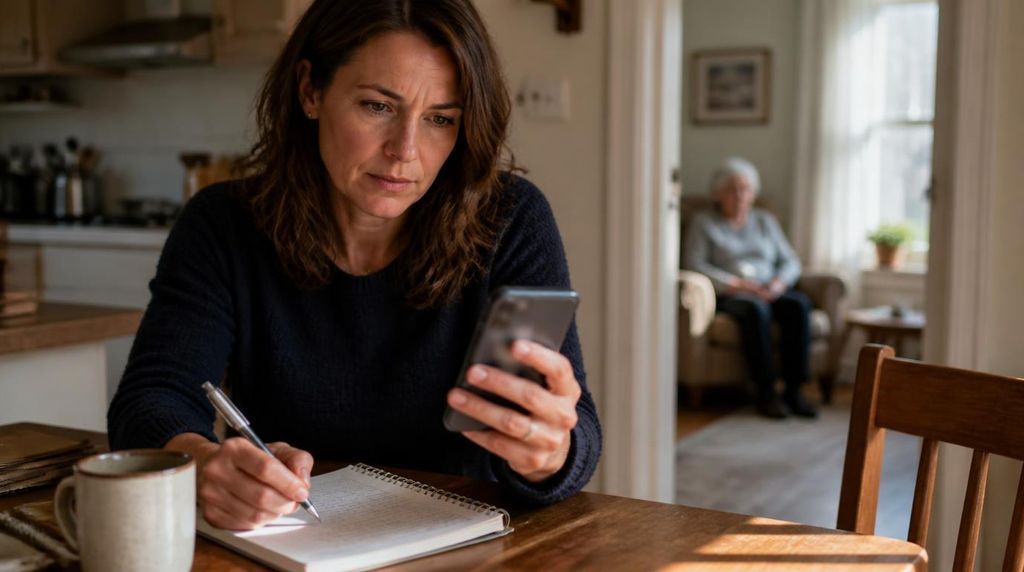 Family member tracking early dementia symptoms on a phone to discuss with a doctor.