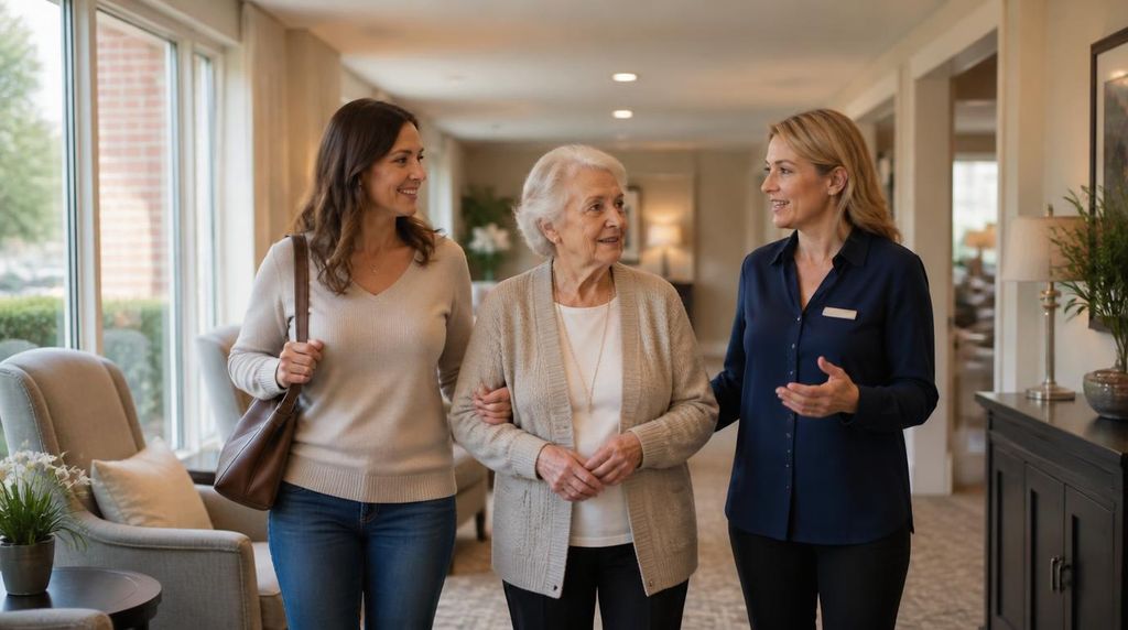 Family touring a memory care facility and asking evaluation questions.