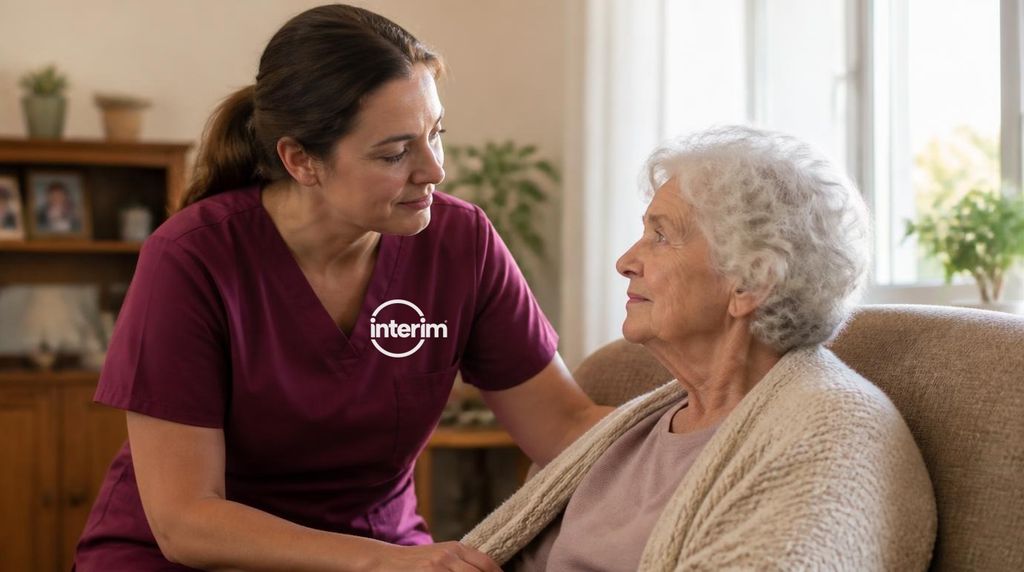 Care Professional attentively caring for a senior client with dementia at home.