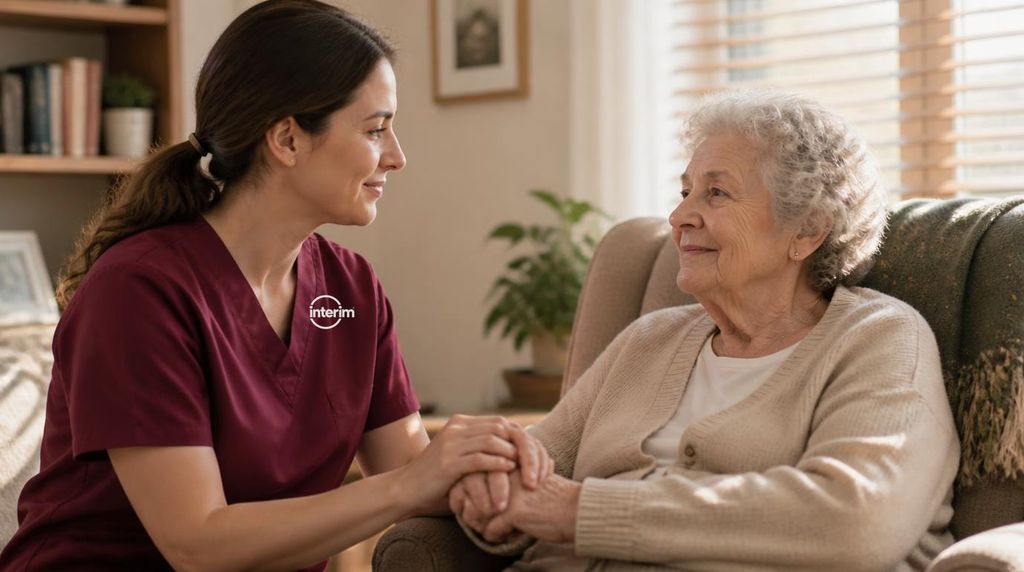 Care Professional providing calm, comforting support to a senior client with dementia.