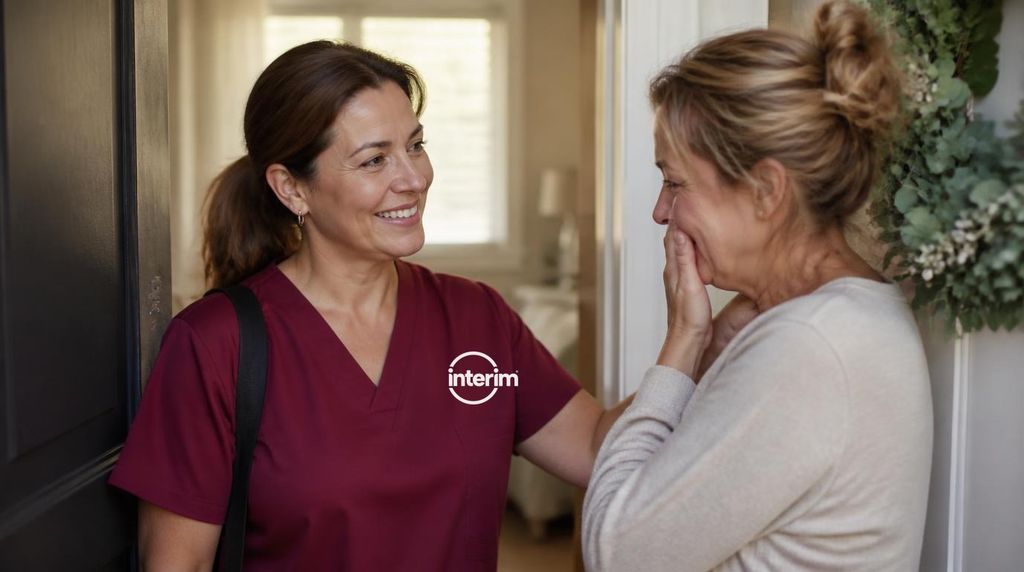 Care Professional providing respite relief to an exhausted family caregiver at home.