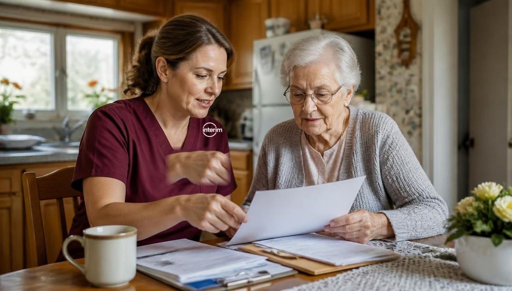 Care Professional helping a veteran's family member understand health coverage benefits at home.