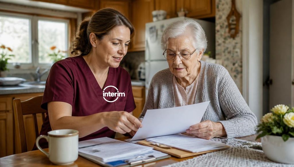 Care Professional helping a veteran's family member understand health coverage benefits at home.