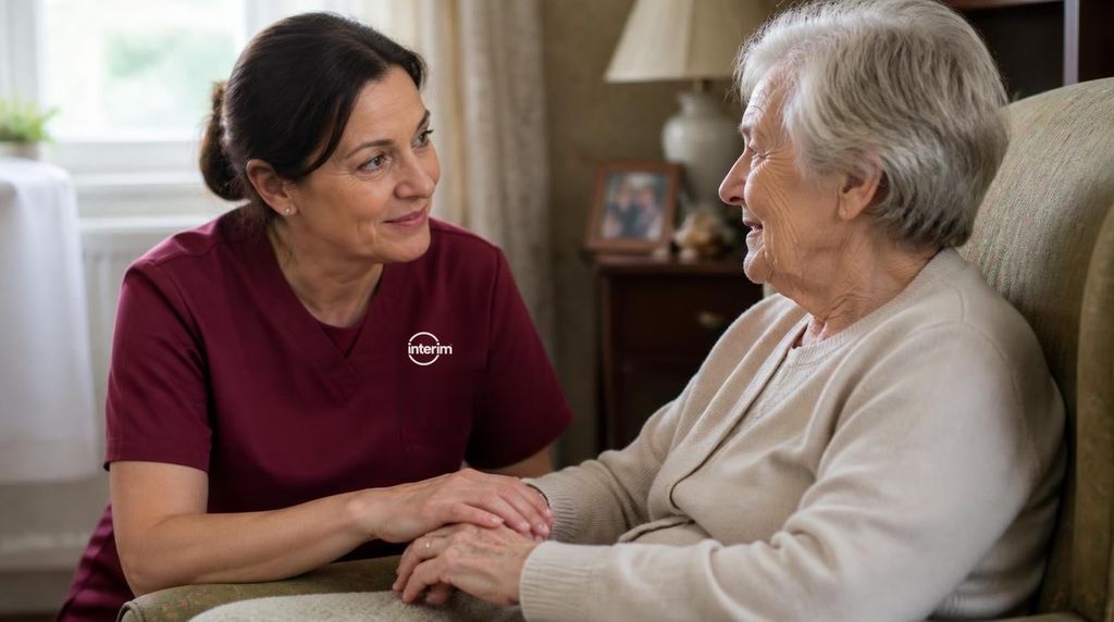 Care Professional communicating warmly and patiently with a senior client living with dementia.