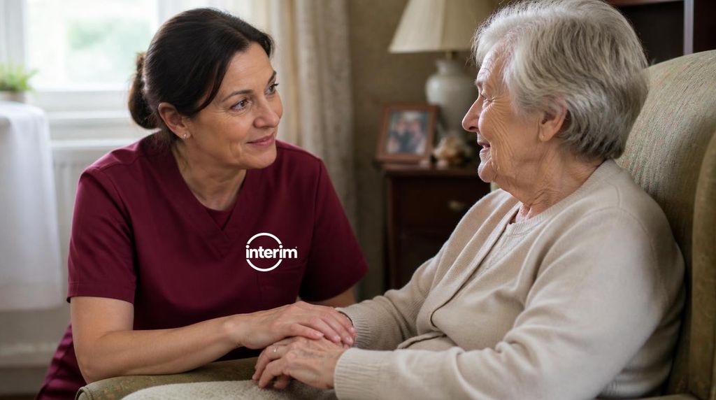 Care Professional communicating warmly and patiently with a senior client living with dementia.