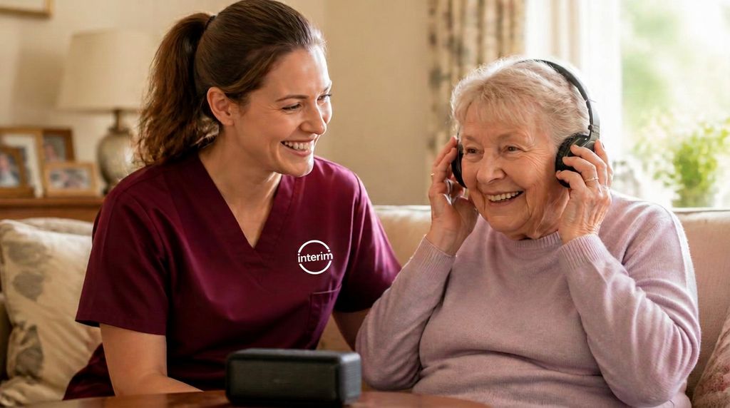 Care Professional and senior client with dementia enjoying music together at home.