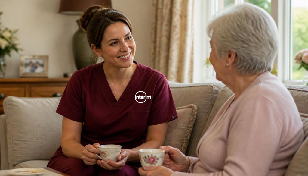 Care Professional gently building trust with a senior client at home.