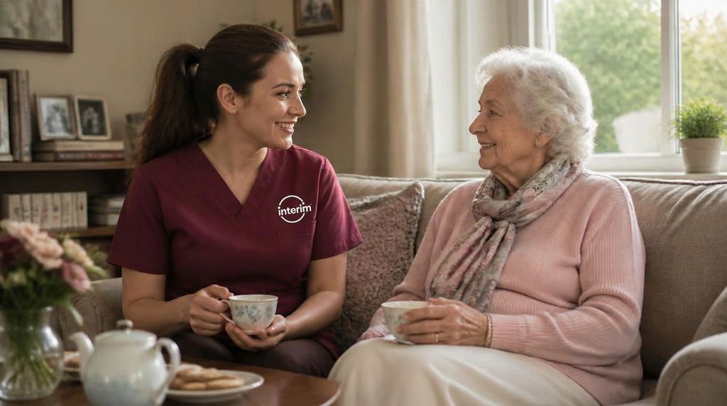 Care Professional providing companionship and support to a veteran's surviving spouse at home.