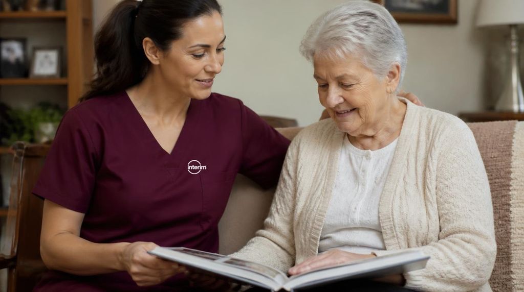 Care Professional using distraction techniques to calm a senior client with dementia.
