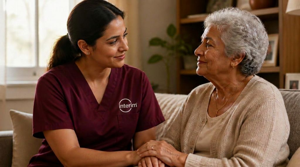 Care Professional providing calm, comforting support to a senior client at home.
