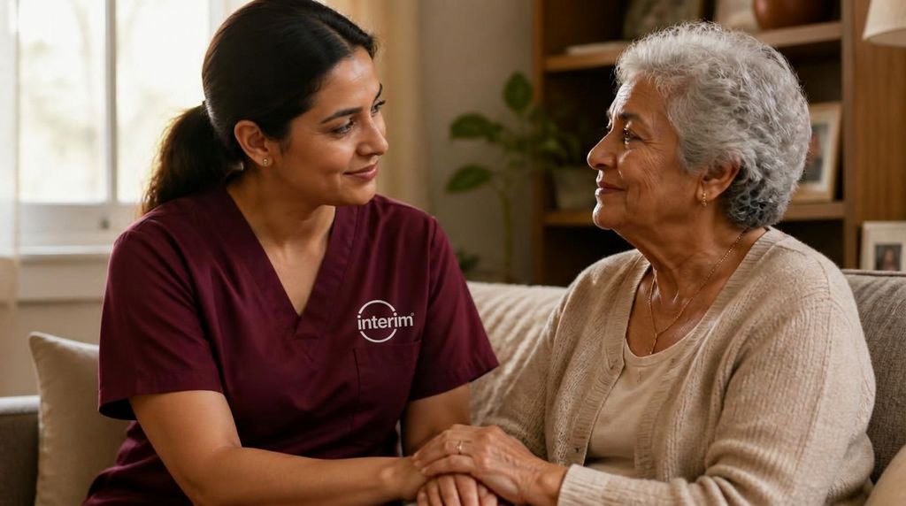 Care Professional providing calm, comforting support to a senior client at home.