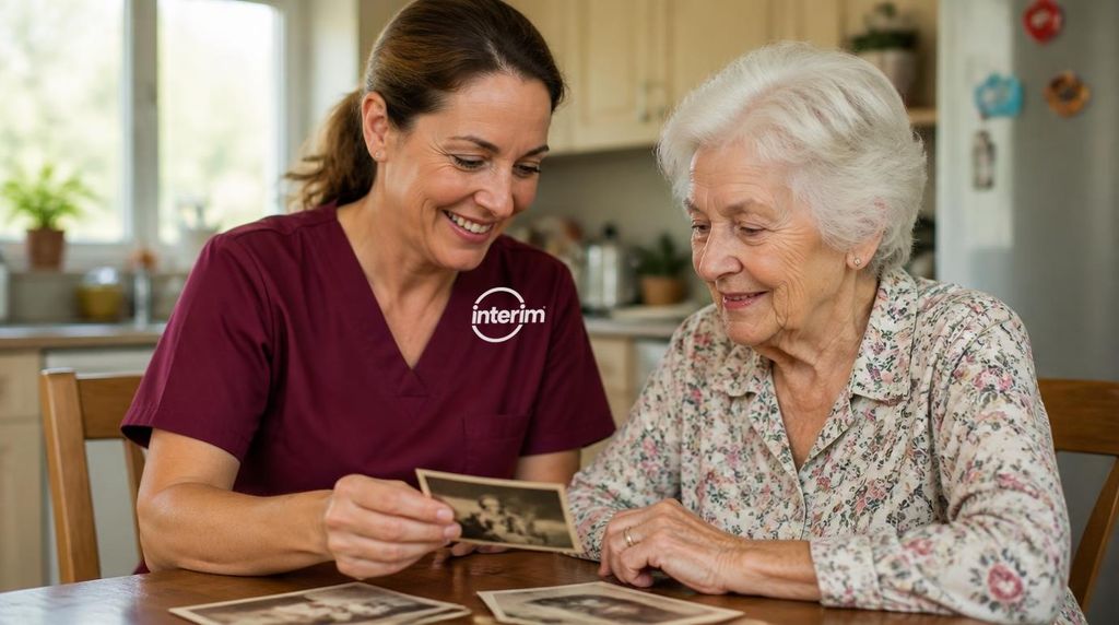 Care Professional engaging a senior client in a calming activity at home.