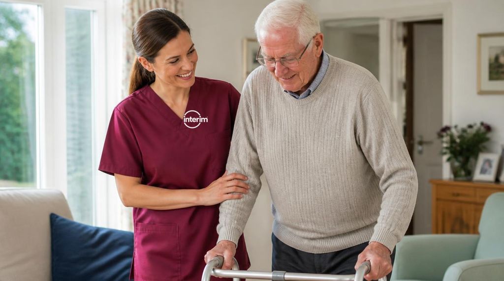 Care Professional assisting a senior client with recovery at home after surgery.