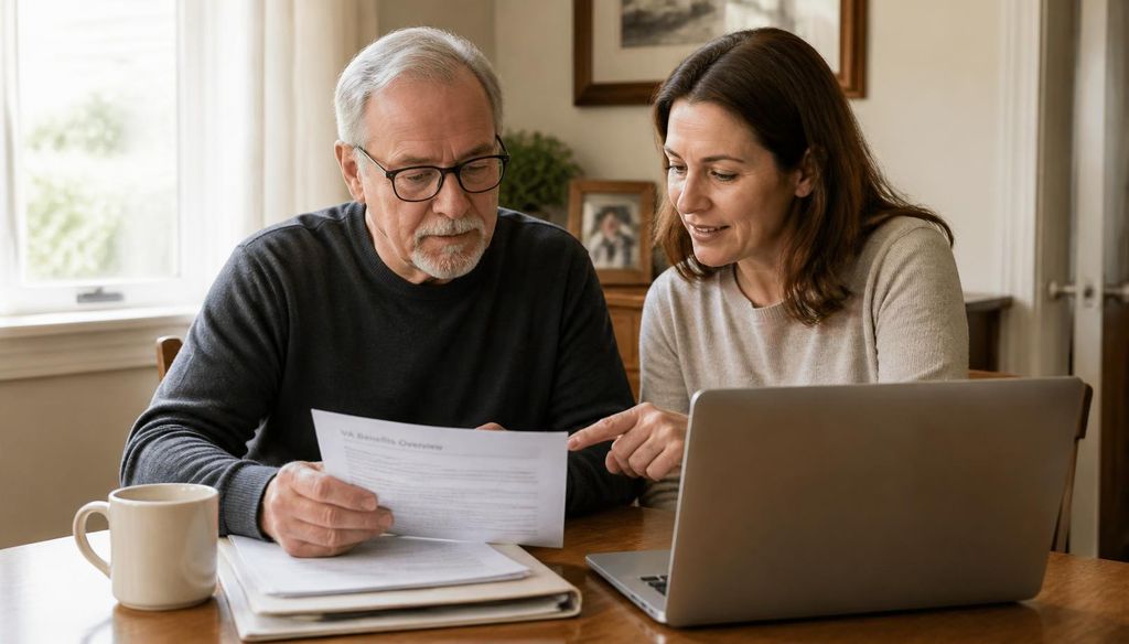 Veteran and family reviewing home care benefit options at home.