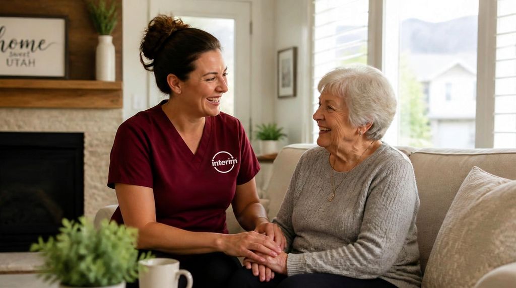 Care Professional visiting with a senior client at home in Salt Lake County, Utah.