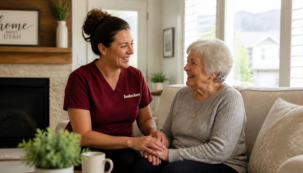 Care Professional visiting with a senior client at home in Salt Lake County, Utah.