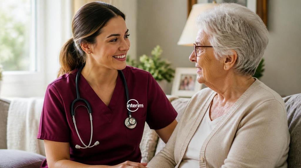 RN Care Professional providing skilled nursing support to a senior client at home.