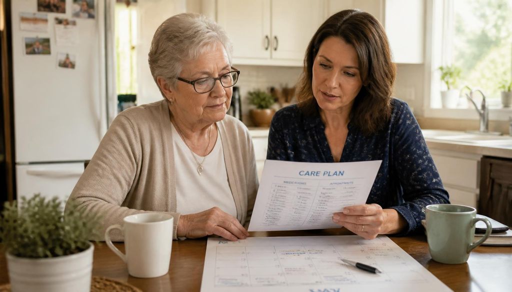 Family reviewing a long-term home health care plan at home.