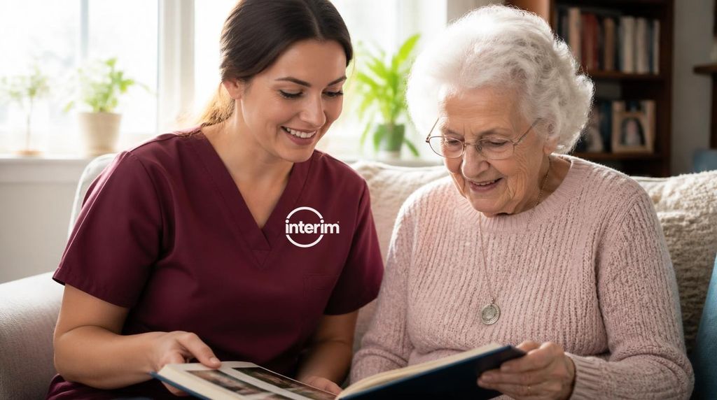 Care Professional supporting a senior client through dementia stages at home.