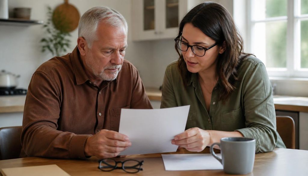 Veteran and family reviewing VA home care benefit amounts at home.