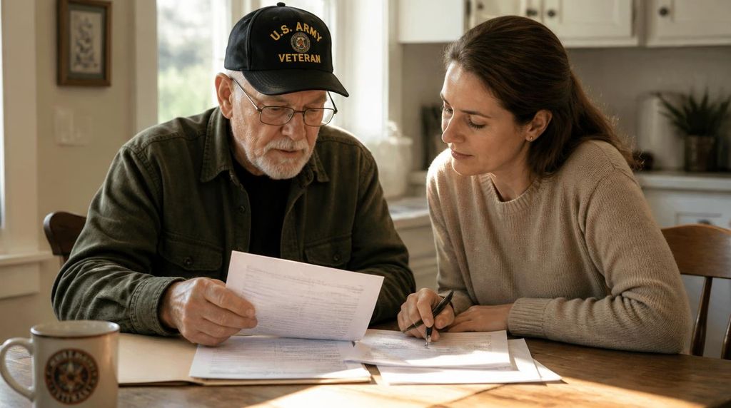 Veteran and family member reviewing VA Aid & Attendance application paperwork at home.