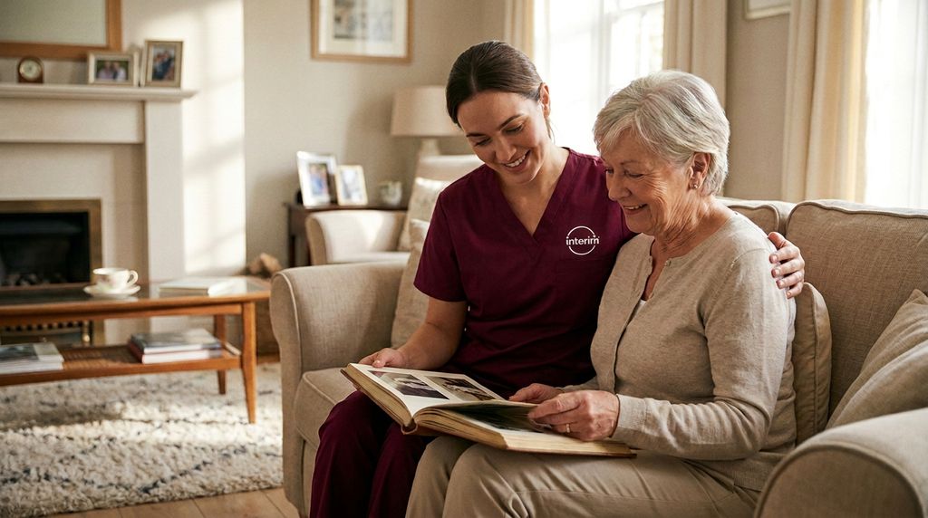Care Professional spending calm, structured time with a senior client living with dementia.