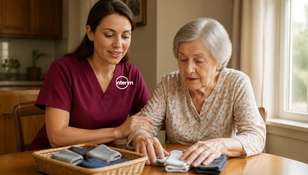Care Professional providing structured in-home memory care support to a senior client.