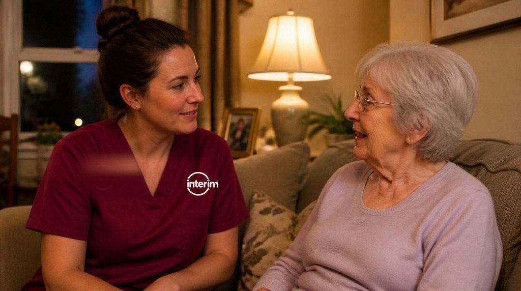 Live-in Care Professional at home with a senior client in the evening.