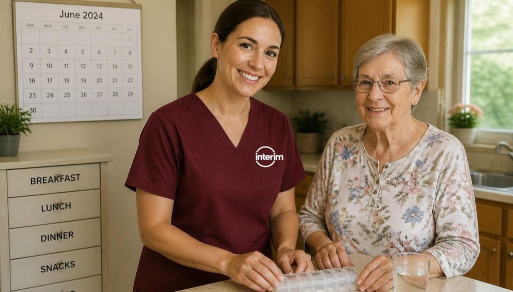 Care Professional helping a senior client use simple memory aids at home.