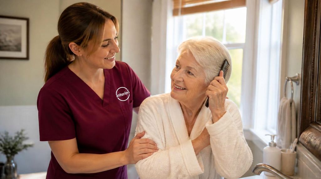 Care Professional providing personal care services to a senior client at home.