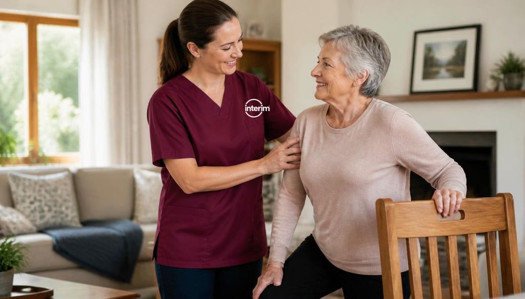 Care Professional supporting a senior client with mobility exercises at home.
