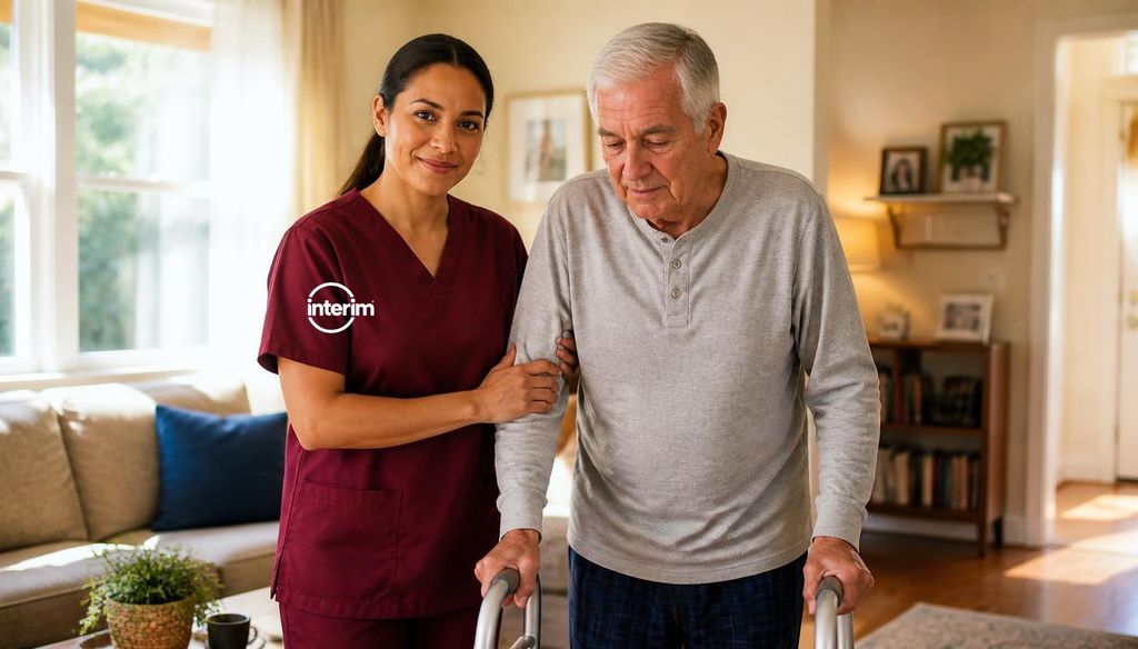 Care Professional assisting a senior client with post-surgery mobility and recovery at home.