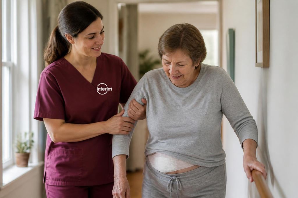 Care Professional assisting a senior client with post-surgery mobility and recovery at home.