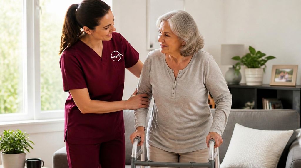 Care Professional assisting a senior client with post-surgery recovery at home.
