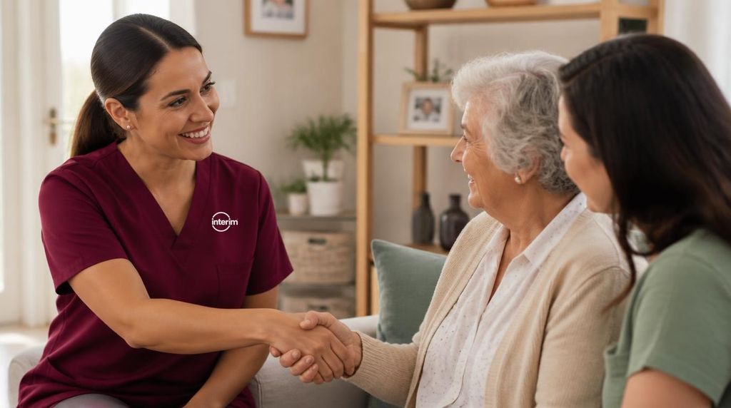 Care Professional meeting a new client and family, conveying the caregiver-matching process.