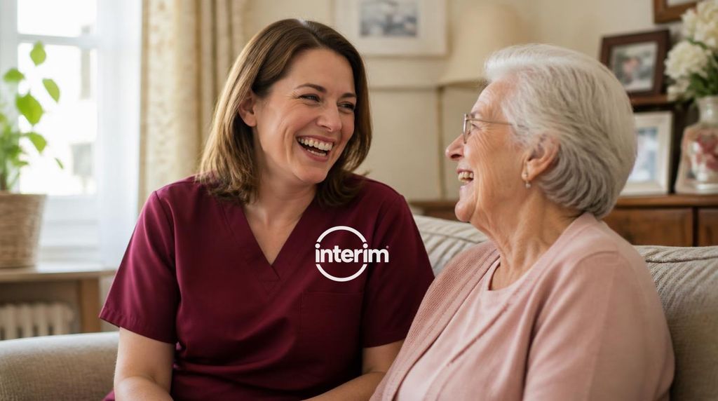 Care Professional sharing a warm moment with a senior client, conveying genuine caregiving rapport.