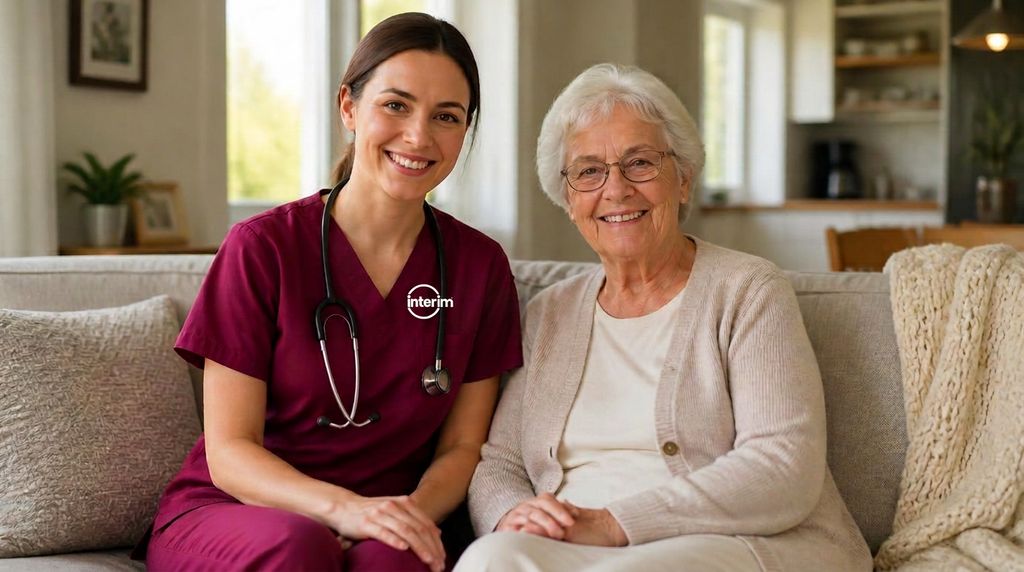 RN Care Professional providing skilled care support to a senior client at home.
