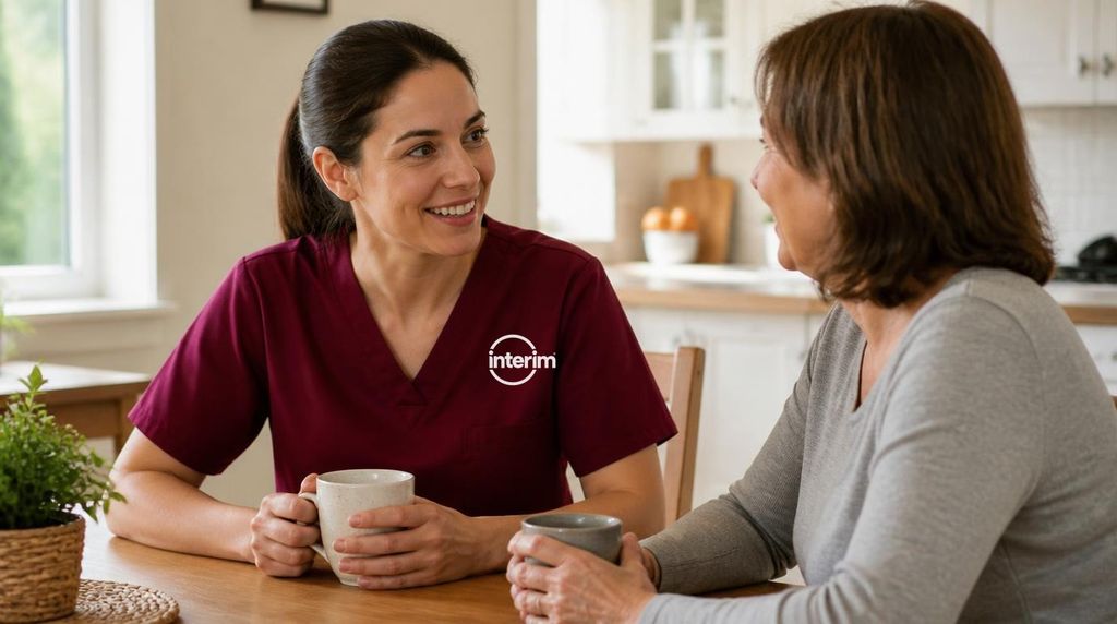Family member and Care Professional discussing respite care arrangements at home.
