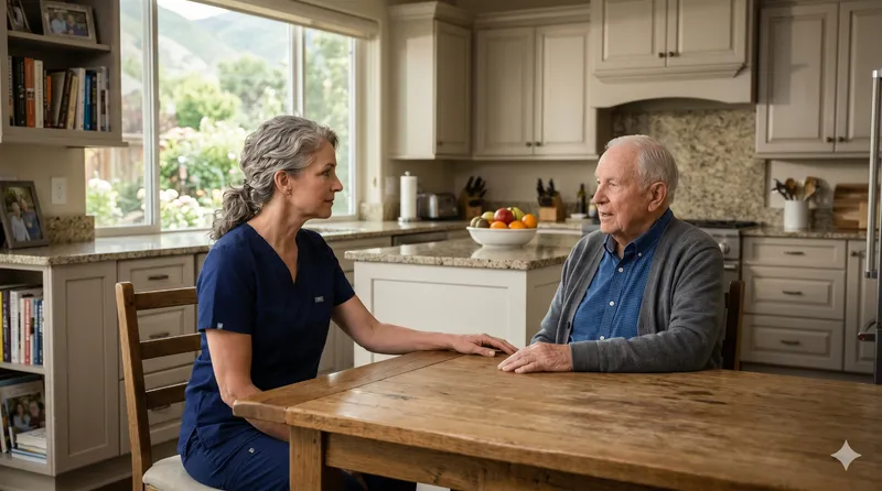 A registered nurse checking vitals for an older adult at home