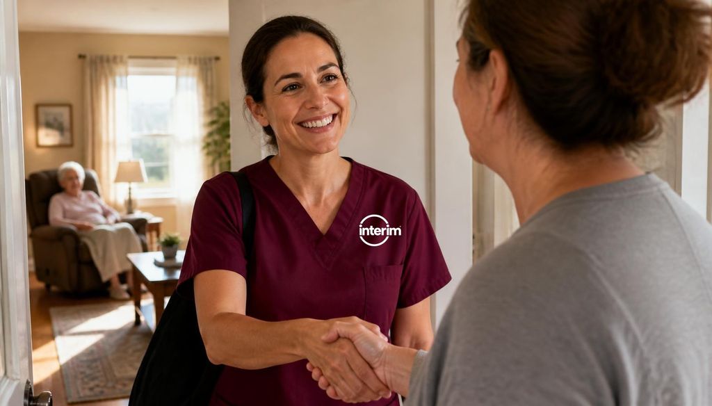 Care Professional providing respite relief to a family caregiver at home.