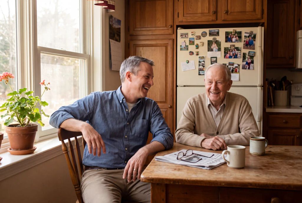 Adult son laughing with his elderly father over coffee at the kitchen table in his father's home.