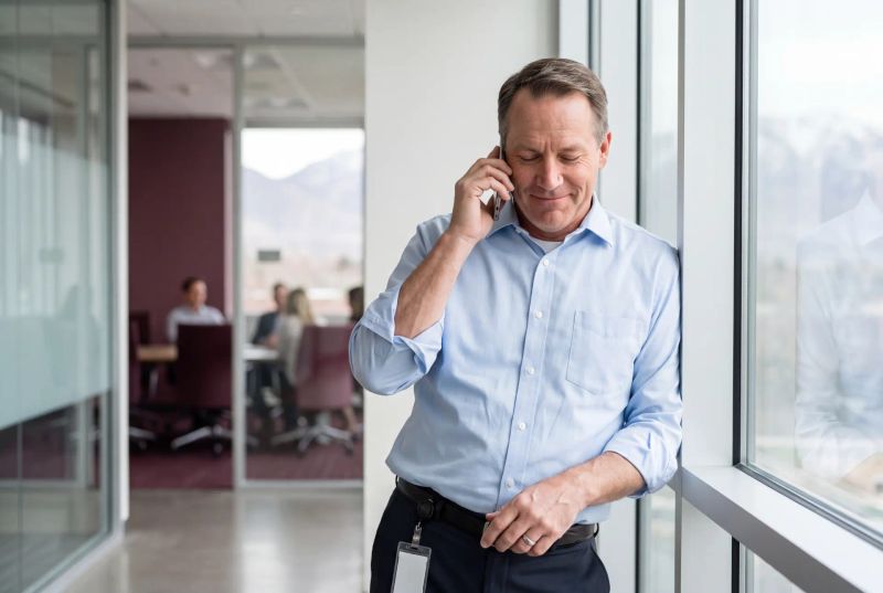 A man in his office steps out of a meeting to take a phone call, smiling with relief.
