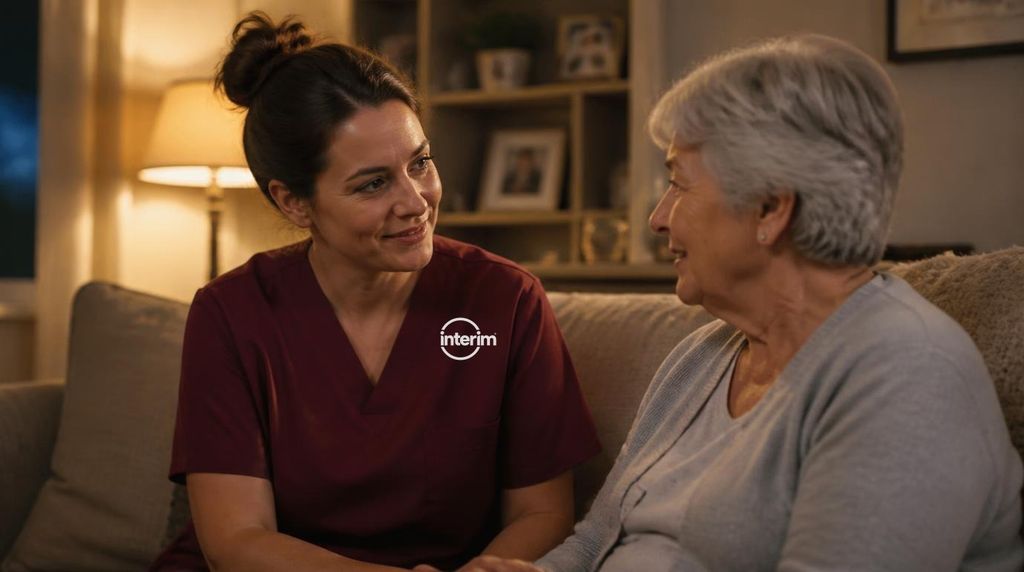 Care Professional helping a senior client stay calm during evening hours at home.