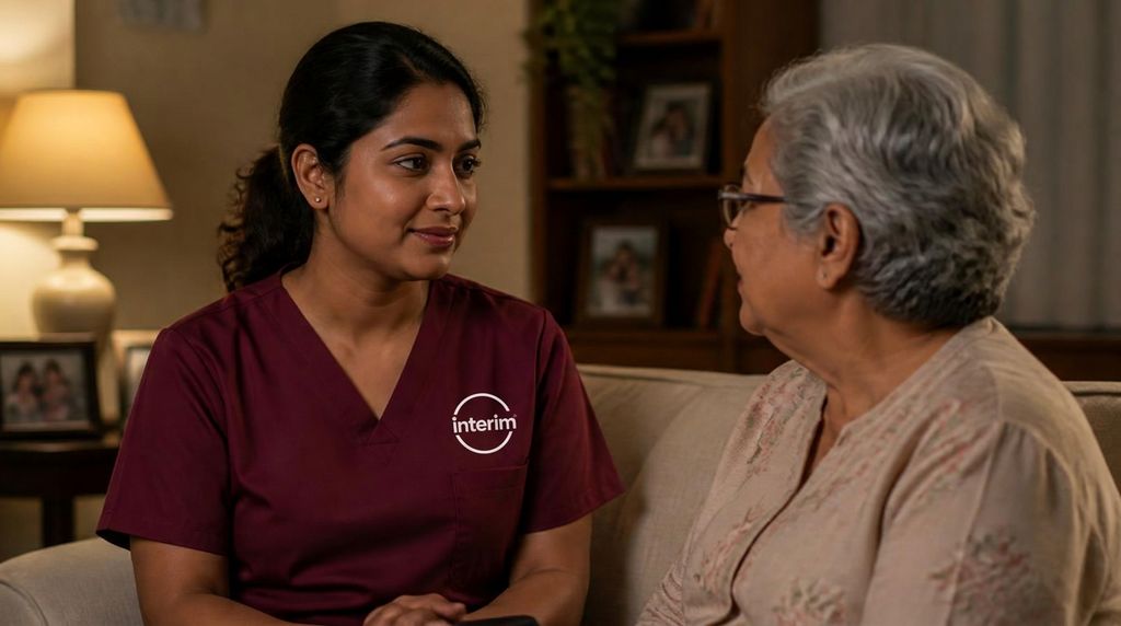 Care Professional helping a senior client stay calm during evening hours at home.