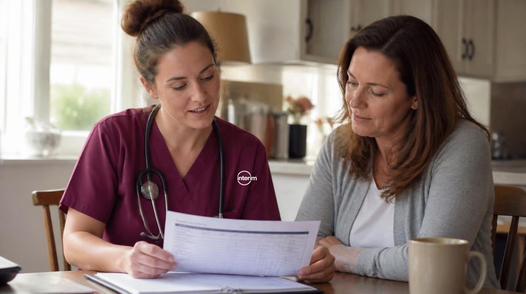 RN Care Professional reviewing a home health care plan with family at home.