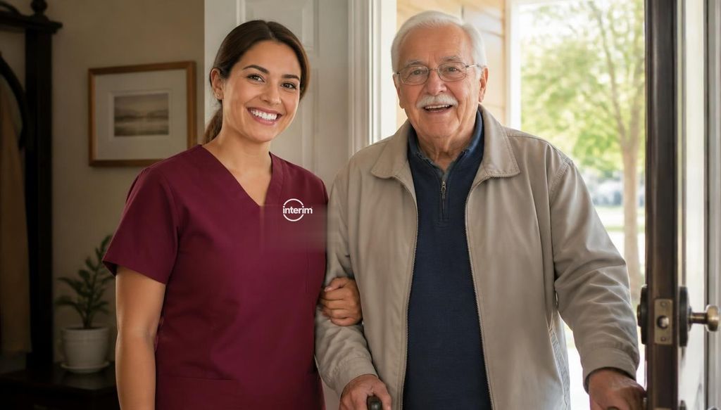 Care Professional helping a veteran prepare for a day program outside the home.